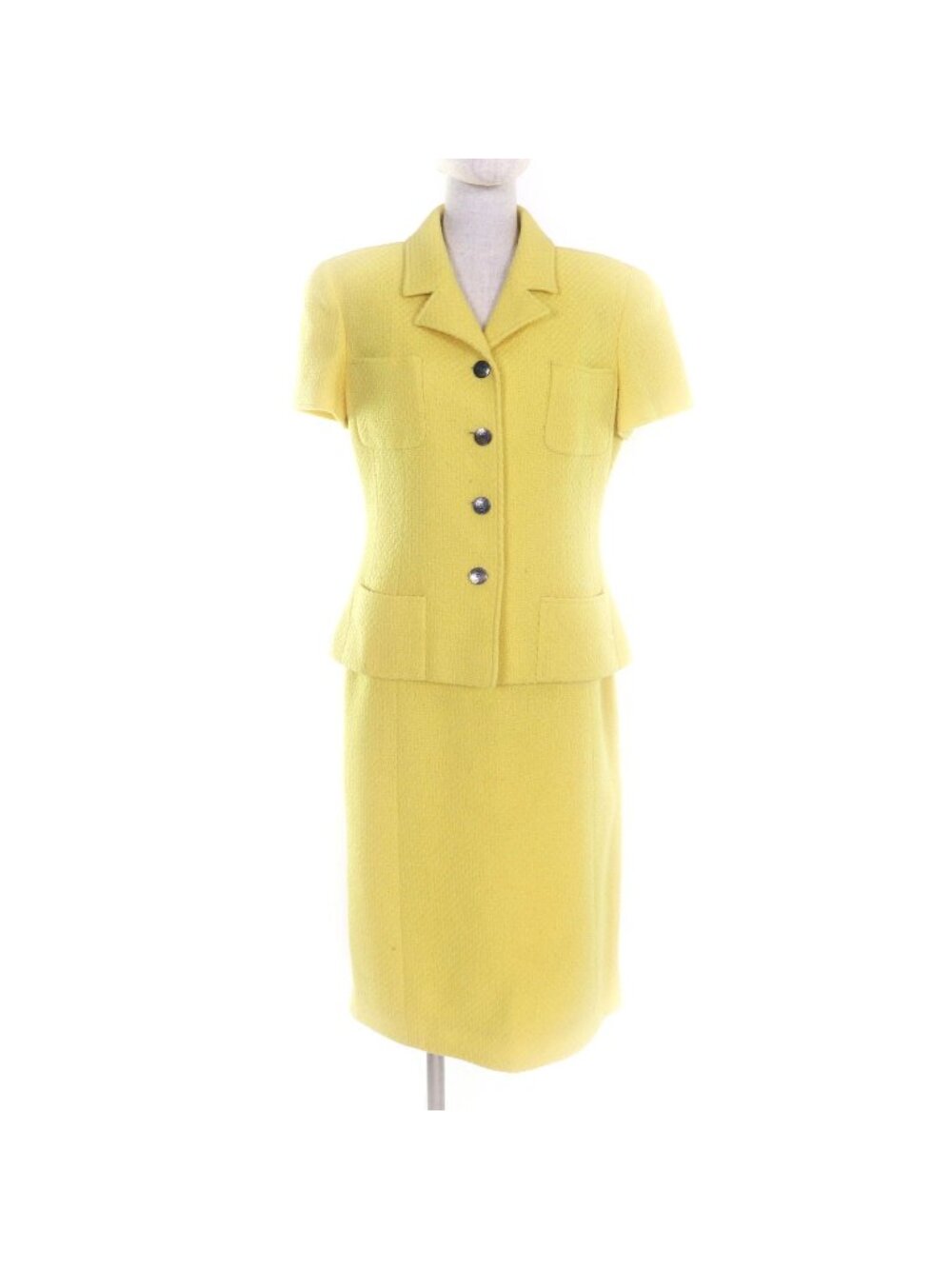 Chanel Vintage 97C CC Logo Button Short Sleeve Jacket Skirt Suit Set Yellow 42